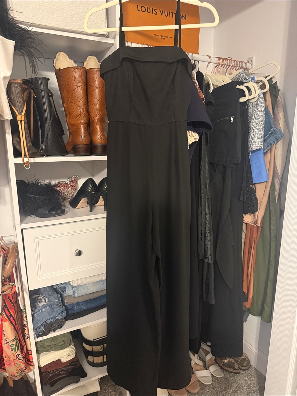 Francesca's Collections Black Strapless Wide-Leg Jumpsuit